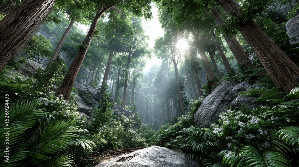 Poster sunlight streams through tall trees in a vibrant forest filled with thick greenery and rocks. small 