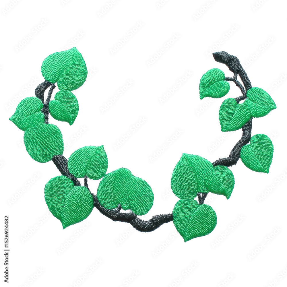 Poster decorative embroidery design features vine with green leaves, creating natural and elegant pattern. 
