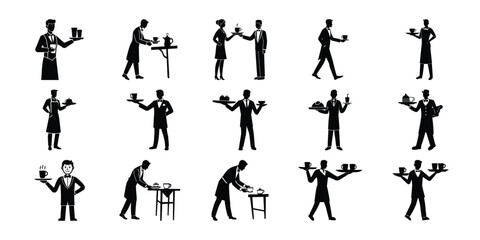 A Silhouette Waiters Serving Coffee and Tea – Elegant Hospitality Vector Icons Collection on white background 