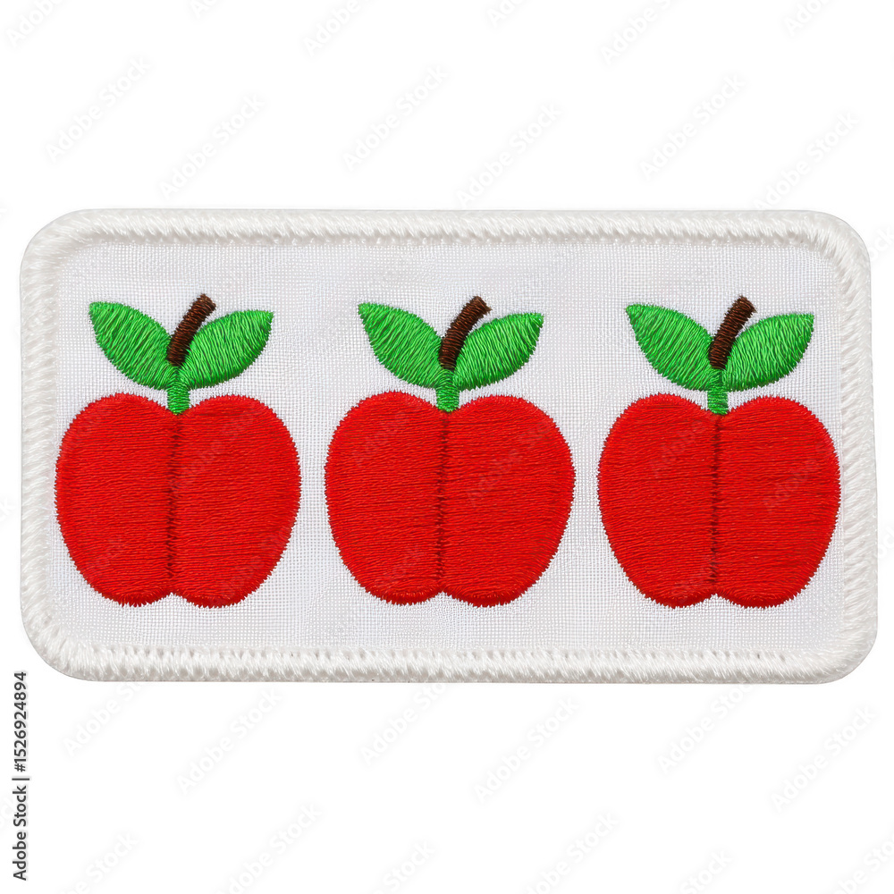 Poster three embroidered red apples with green leaves are arranged in row on rectangular white fabric patch