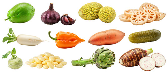Fresh vegetables and fruits arranged in a vibrant display, isolated, no background  