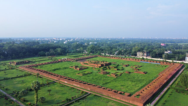 Drone view of Shalbon Buddho Bihar in a sunny day.Shalban bihar is a historical and popular place in Bangladesh