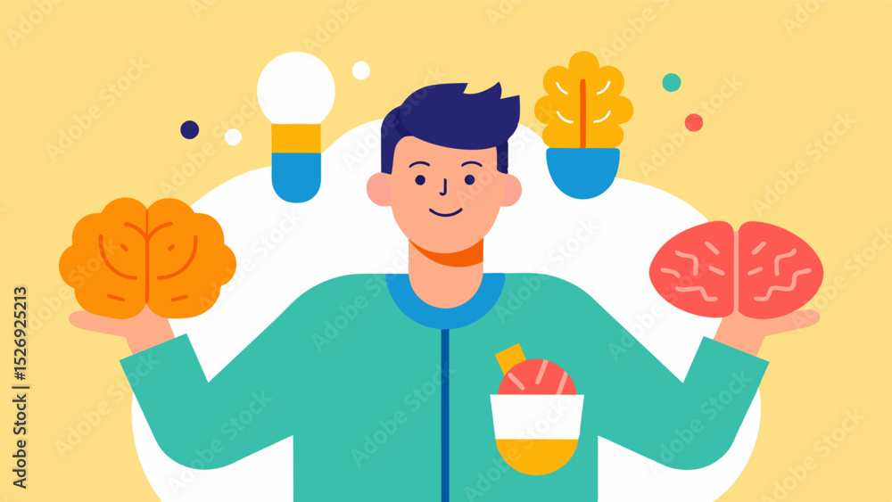 Poster brainboosting supplements a colorful illustration of a person holding various brainboosting suppleme