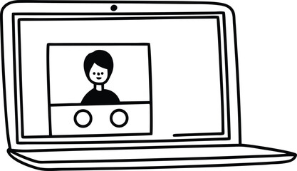  A single isolated flat design vector-style icon of a laptop screen with video call interface, small person avatar in frame.