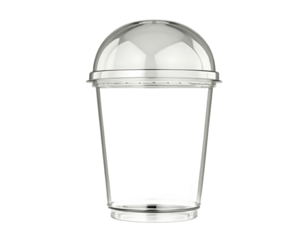 Transparent plastic cold drink cup with dome lid, empty and clear with smooth edges, commonly used for iced beverages or smoothies, isolated on transparent background