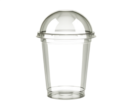 Transparent plastic cold drink cup with dome lid, empty and clear with smooth edges, commonly used for iced beverages or smoothies, isolated on transparent background