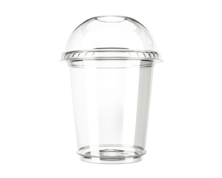 Transparent plastic cold drink cup with dome lid, empty and clear with smooth edges, commonly used for iced beverages or smoothies, isolated on transparent background