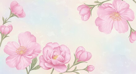 Fototapeta premium Pastel Blossoms Floral Illustration - Delicate pink flowers in various blooming stages, symbolizing growth, beauty, serenity, new beginnings, and springtime. Pastel background
