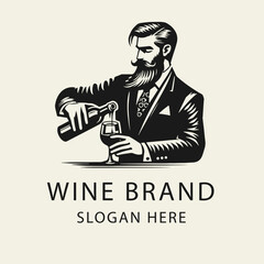 Black and white flat vector illustration of a sommelier pouring wine from a bottle into a glass. Elegant logo design for wine bars, wineries, restaurants, or beverage branding.