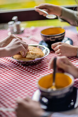Rustic lunch with soup on wooden table