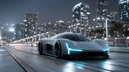 A sleek, futuristic sports car stands on an urban road at night, surrounded by a vibrant city skyline filled with illuminated skyscrapers and bustling lights, showcasing modern architecture.