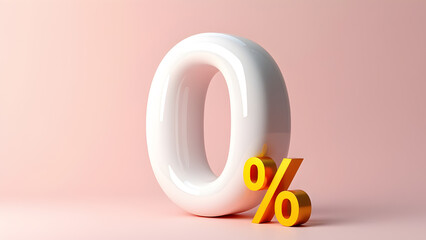 3D Render of Glossy White Zero with Overlapping Small Yellow Percentage Symbol on Soft Pink Background