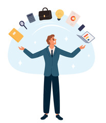 Professional businessman juggling notebook and calendar. Project management skills. Idea lamp and laptop jugglery. Portfolio or calculator tossing. Multitasking manager. Vector concept