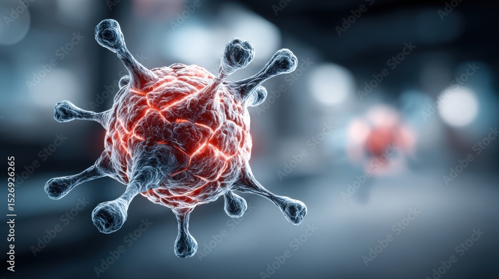 Poster a detailed portrayal of virus particles shows their intricate structure, highlighting spikes and sur