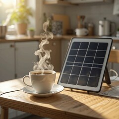 On a light wooden kitchen table there is a solar panel, a wire runs from it that connects it to a cup of coffee, steam comes from the coffee, solar lighting, sun rays in the photo, professional stock