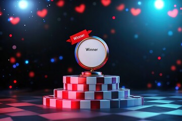 Winner announcement on a festive stage with red and white checkered podium