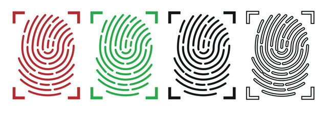 Human fingerprint icons. Finger prints scanning. Silhouette thumbprints in scan frame. ID authorization technology. Identification sign. Fingermark verification scanner. Vector symbols set