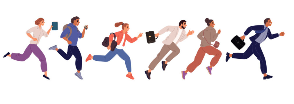 Hurried men and women late to office. People running to work. Rush businessman with briefcase. Speed run. Group fast race. Busy young managers team. Urgent time failure. Vector concept