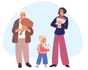 Happy elderly or young woman and little girl with flowers bouquets. Womens holiday celebration. Smiling people holding blooming blossoms bunches. Family standing together. Vector concept