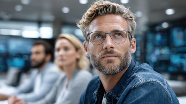A team of professionals is engaged in a focused discussion in a contemporary office. The atmosphere is collaborative, with individuals sharing ideas and insights.