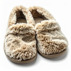 Beige Fuzzy Slippers on White Background