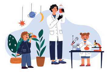 Cartoon school education. Teacher explaining chemistry and conducting experiments. Lesson mentor. Test tubes and microscope. Schoolchildren study in chemical laboratory. Vector concept