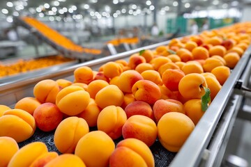 Ripe apricots on conveyor belt in modern processing facility