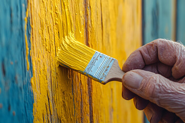 Hand of an elderly person painting a fence with a brush in yellow paint.
