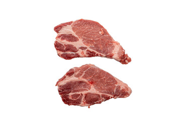 Two pork steaks on a white background. Two raw pork steaks side by side, clearly isolated against a white background. Ideal for food pack shots or recipe ideas.