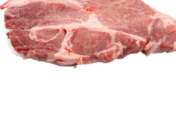 Detailed view of pork steak fat and muscle. Close-up of a pork steak with clearly visible marbling. The structure shows a balanced ratio of fat and muscle fibers. Pork steak on a white background.