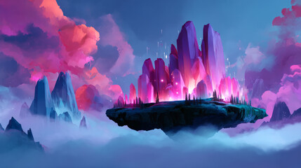 Floating island topped with glowing pink crystals in dramatic mountain cloudscape