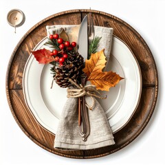 Rustic Autumnal Table Setting with Pine Cone and Berries