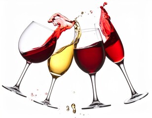 Red and White Wine Glasses Splashing on White Background