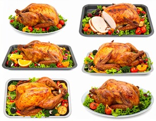 Roasted Turkeys with Citrus and Greens on Plates and Trays