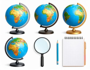 Multiple Globes with Magnifying Glass, Notebook, and Pencil