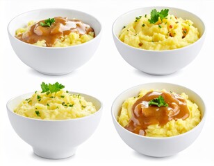 Four Bowls of Creamy Mashed Potatoes with Gravy