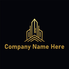 Fototapeta premium Gold real estate logo with a high-rise and house outline