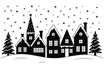 Fototapeta premium Christmas scene silhouette vector, christmas village clipart, merry christmas, christmas tree on white background