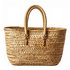 Tan Woven Straw Tote Bag on White Background