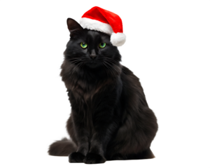 Adorable long-haired black cat wearing a Santa hat for Christmas celebration, sitting and posing on white background, isolated on transparent background.