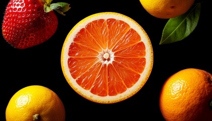 Vibrant assortment of citrus fruits and strawberries arranged on a dark background for a fresh and colorful display