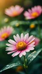 Beautiful pink daisies bloom in a lush garden during late spring, showcasing vibrant colors and delicate petals