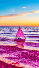 Vibrant pink sailboat glides across shimmering ocean waves at sunset