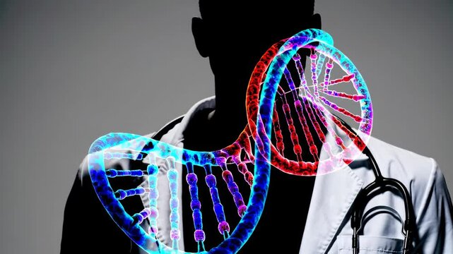 double exposure image featuring the silhouette of a doctor in a lab coat overlaid with a detailed DNA helix structure, blending the human element with genetic science