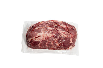 Vacuum-packed pork top view. Vacuum-packed pork neck photographed from above. The fat content and fibers are clearly visible for a juicy final product. Meat isolated on white background.