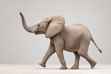 Obraz premium minimalistic photograph of elephant balancing on one leg against clean light gray background