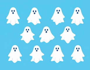 Cute Pixel Art Ghosts on Light Blue Background