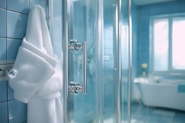 Elegant blue-tiled bathroom with glass shower and white towel robe on hook