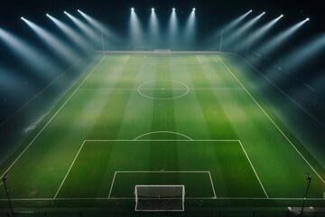 Aerial View of Soccer Field Illuminated by Spotlights with Vibrant Green Grass