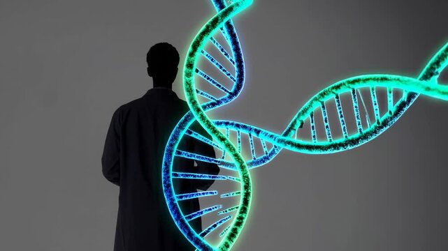 double exposure image featuring the silhouette of a doctor in a lab coat overlaid with a detailed DNA helix structure, blending the human element with genetic science